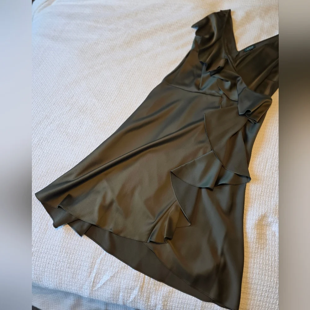 Lauren Ralph Lauren Olive Green Ruffle Midi Dress Size 14 - Picture 5 of 8